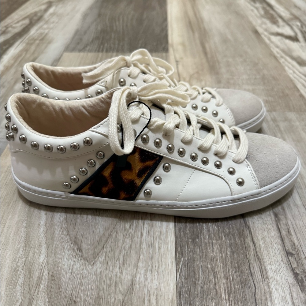 Zara White and Tan Studded Sneakers with Leopard Accent‎ size EU 40 or US 9.5